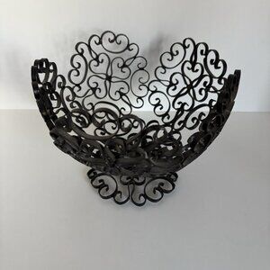 Vintage Wrought Iron Scroll Fruit Bowl on Pedestal Spain Gothic MCM Black